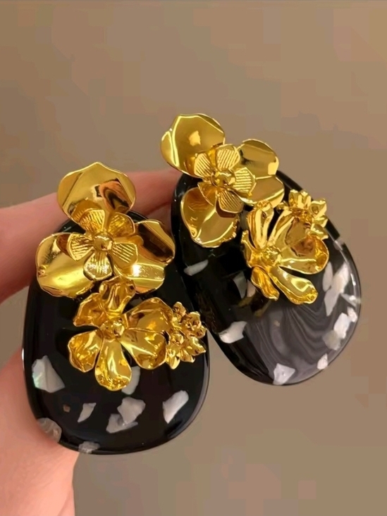 Black Resin Earrings with Gold Floral Accents - Picture 6 of 10